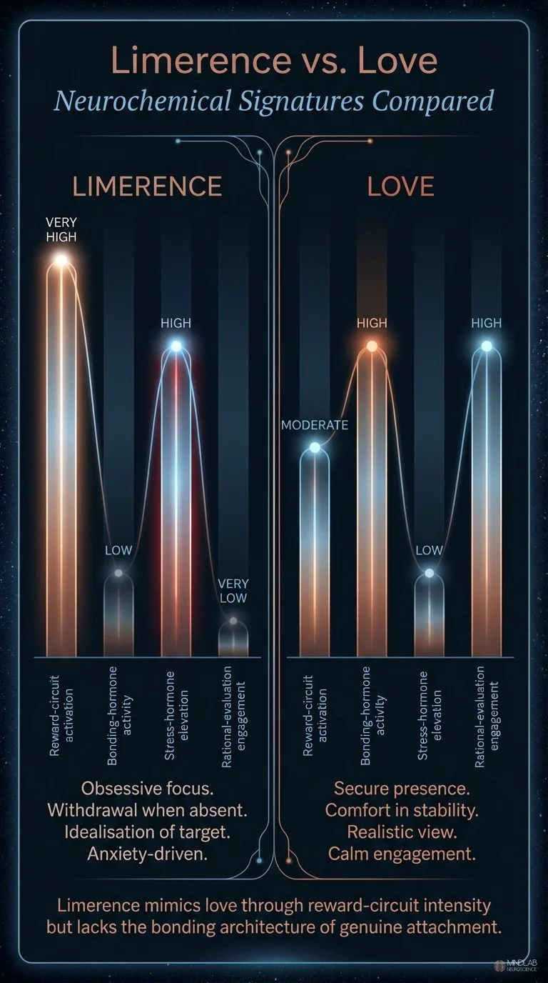 Infographic comparing neurochemical signatures of limerence versus genuine love across four key brain systems