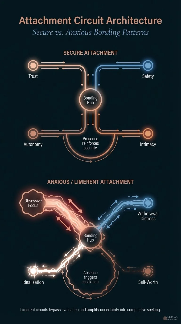 Infographic comparing secure attachment circuit architecture with anxious limerent bonding patterns