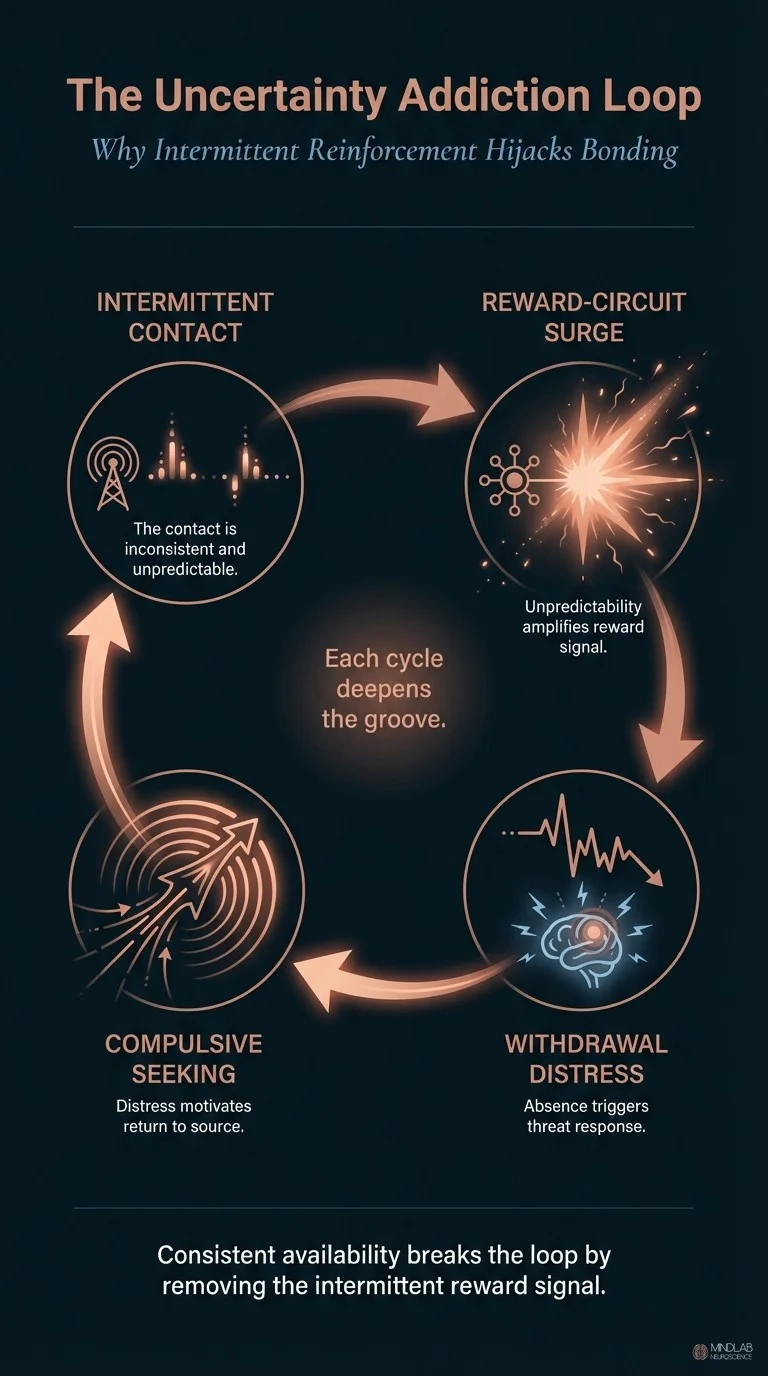 Infographic showing the four-stage uncertainty addiction loop in limerence from intermittent contact through compulsive seeking