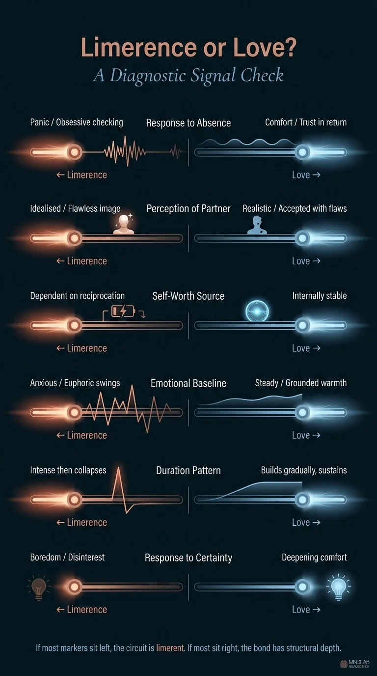 Diagnostic infographic with six signal-check gauges distinguishing limerence from genuine love across key indicators