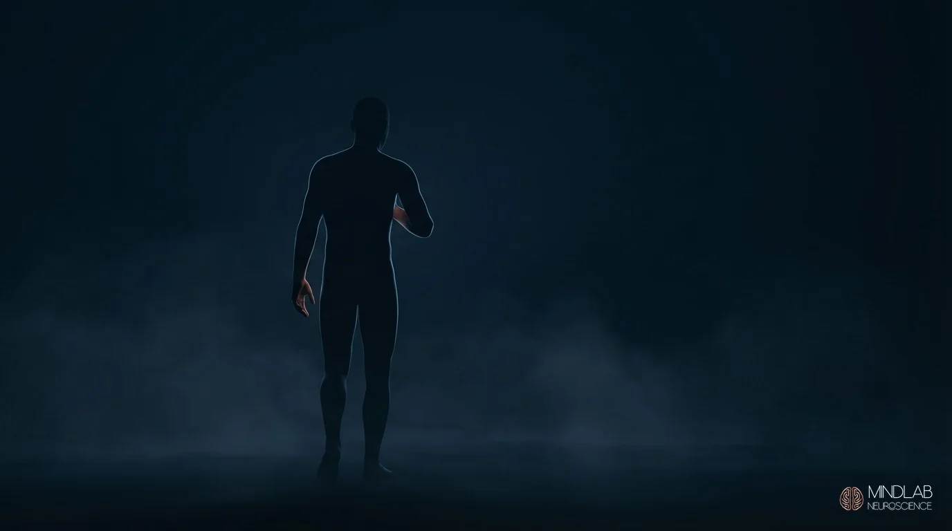 Contemplative silhouette with hand at chest in moment of self-recognition with steel-blue and copper rim light