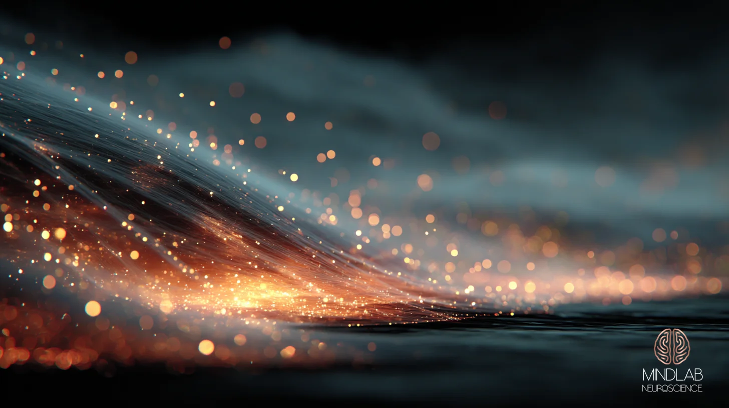 Conflict addiction hedonic dysregulation — woven rose-copper filaments dissolving in abstract reward atmosphere. Dr. Sydney Ceruto, MindLAB Neuroscience.