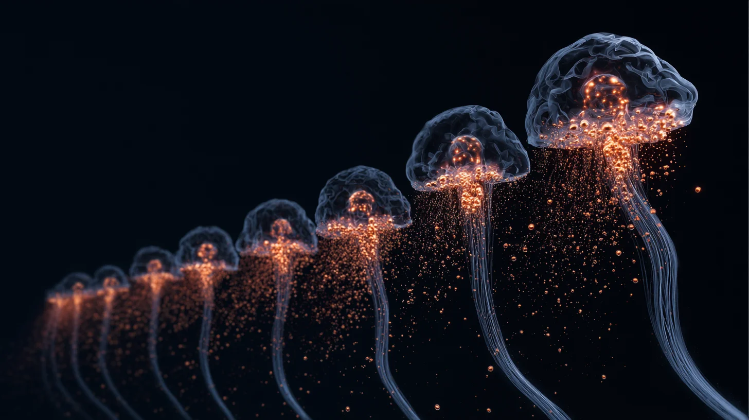 Dopamine prediction error visualization showing neural depletion cascade in copper and blue tones on navy background