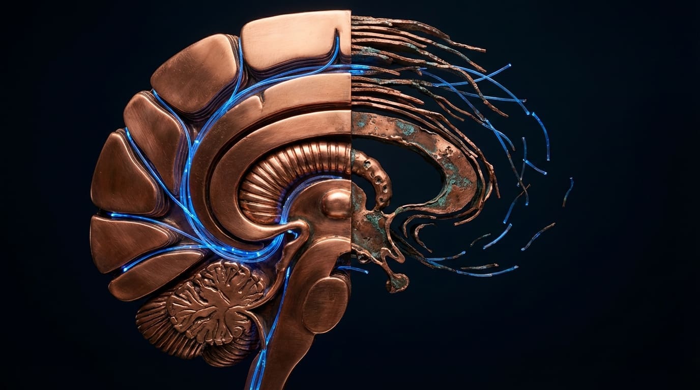 Copper cortical cross-section showing progressive thinning with fragmenting blue pathways