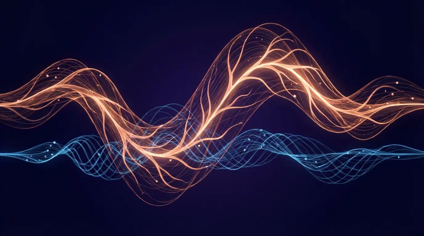 Interlocking copper and blue wave patterns showing neurotransmitter disruption