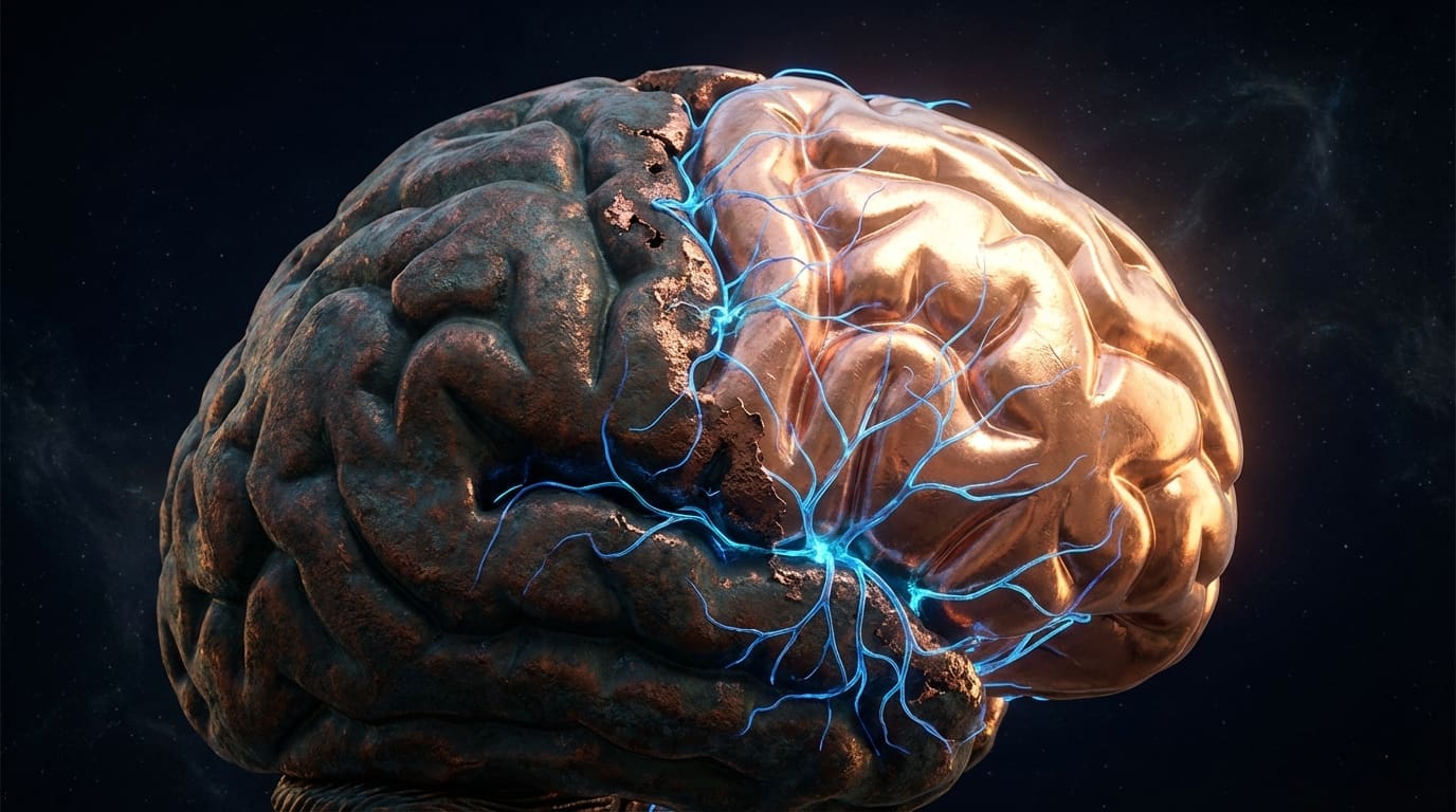 Brain transitioning from damaged to restored copper tones with new blue connections