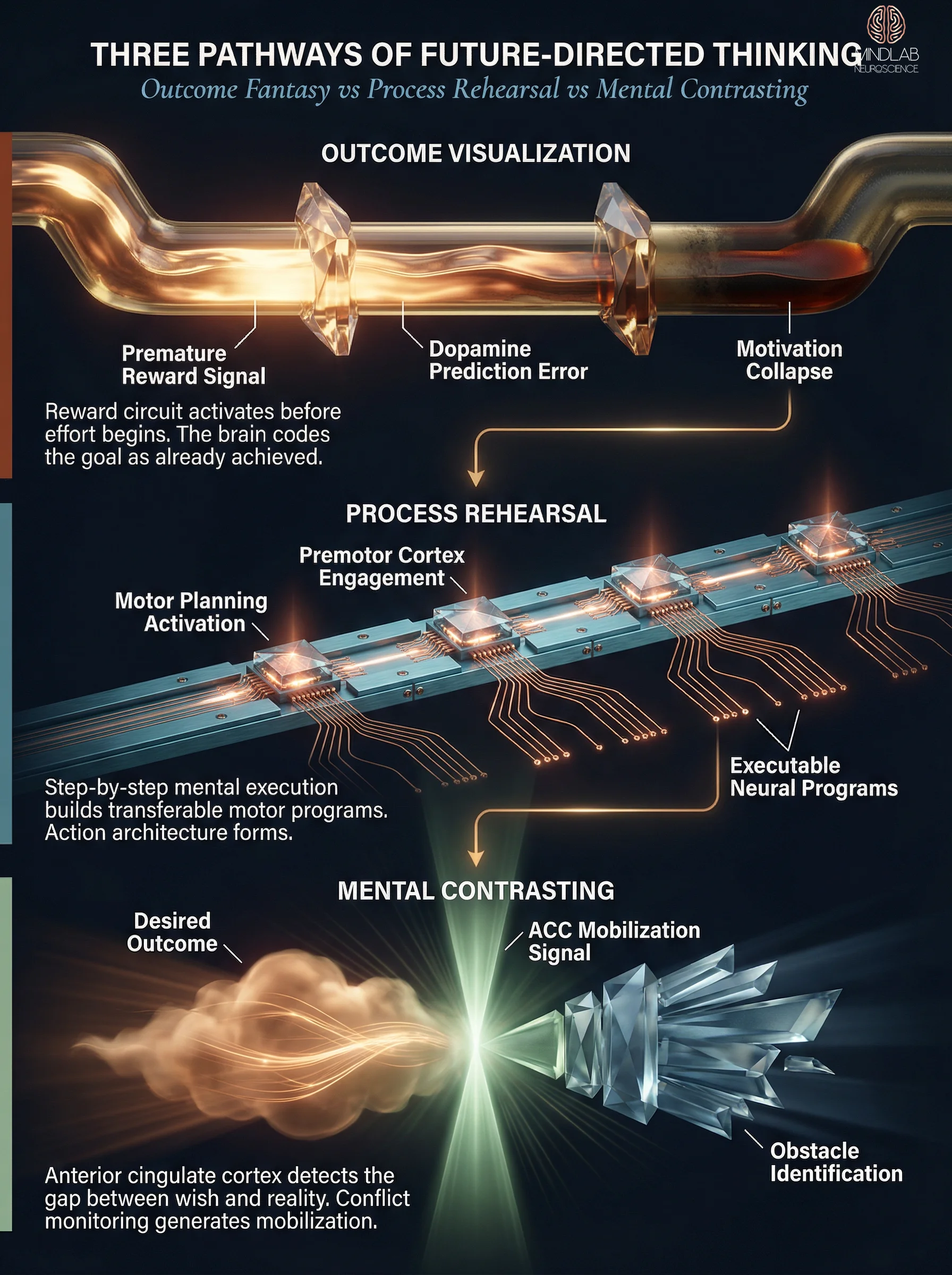 Outcome visualization vs process rehearsal vs mental contrasting neural pathway comparison — Dr. Sydney Ceruto, MindLAB Neuroscience.