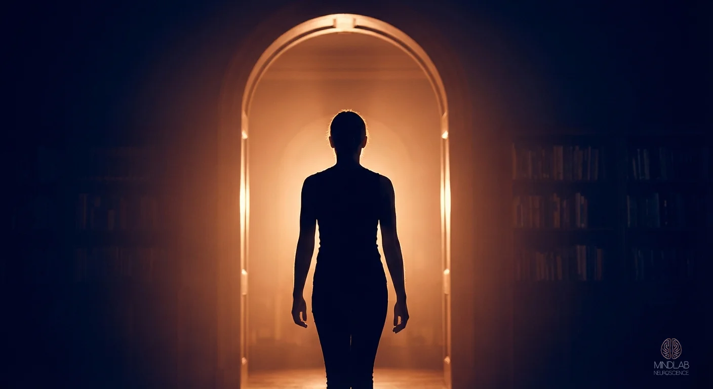 Strength and quiet resolve - silhouetted woman walking through doorway into warm copper light against deep navy darkness. Dr. Sydney Ceruto, MindLAB Neuroscience.