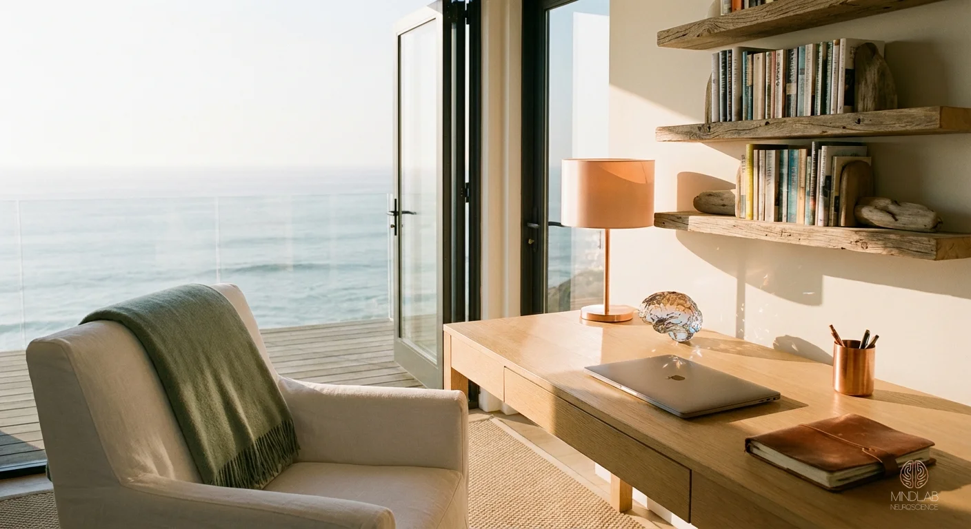 Woman of strength consultation space - crystalline brain sculpture, closed MacBook, sage throw in coastal morning light. Dr. Sydney Ceruto, MindLAB Neuroscience.